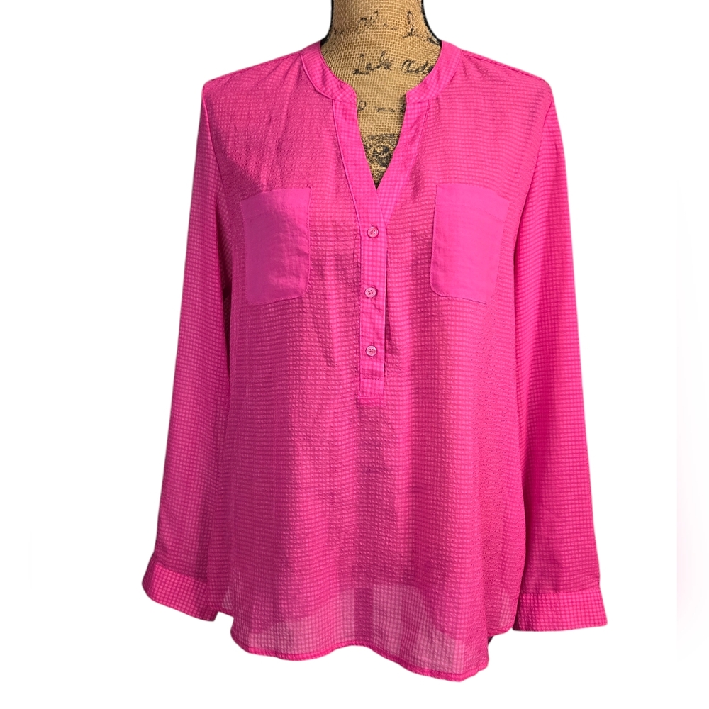 COMO BLACK Long Sleeve Semi Sheer Pull Over V-Neck Blouse Sz L Pink